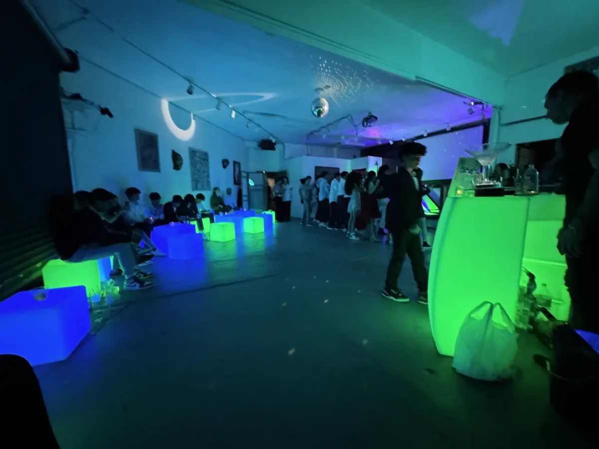 Industrial-chic party space for a Bar Mitzvah in Encino with catering setup.