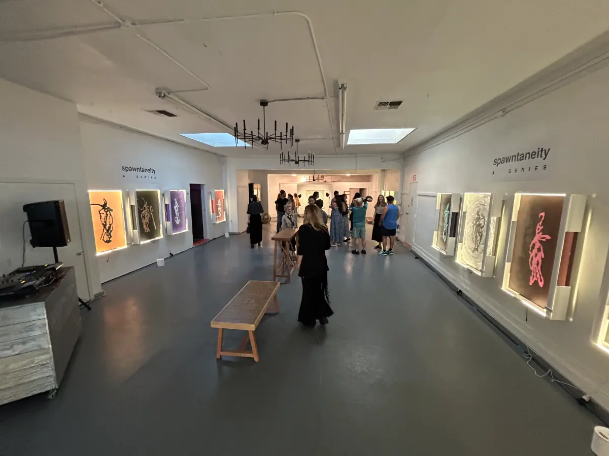 Art gallery opening event inside Art and Space LA venue in Los Angeles