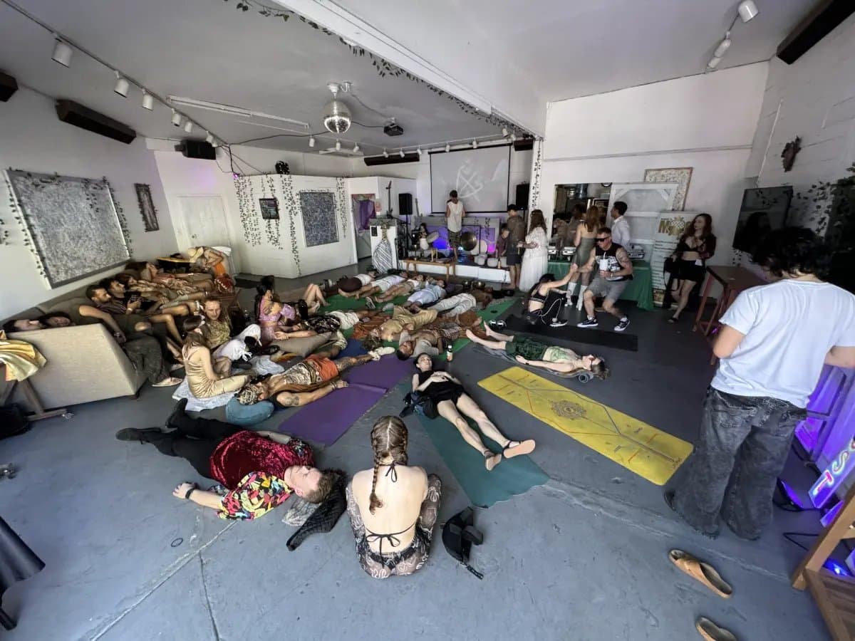 Wellness and sound bath event with participants on yoga mats at Art and Space LA