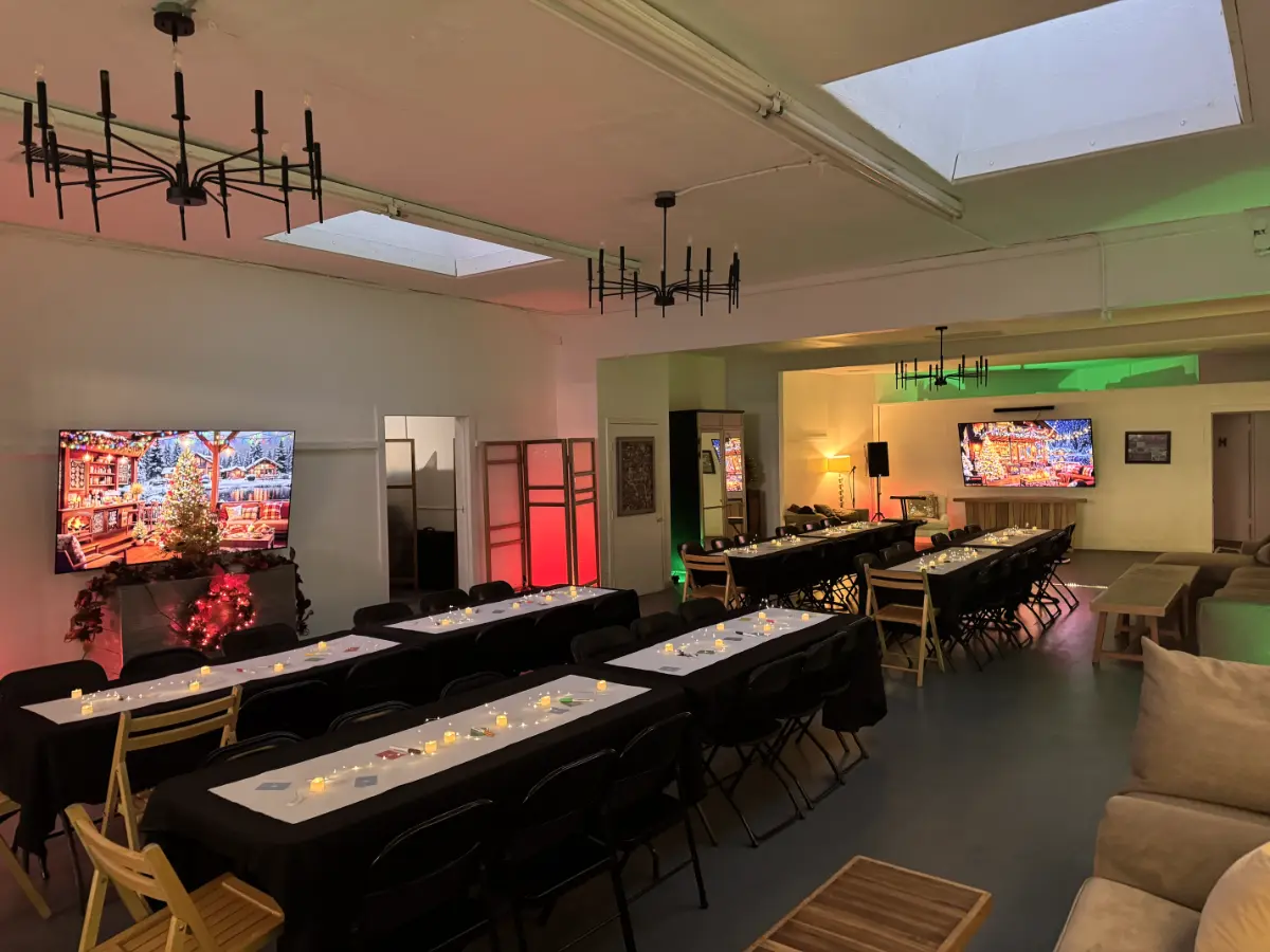 Holiday banquet dinner setup inside Art and Space LA event venue in Los Angeles